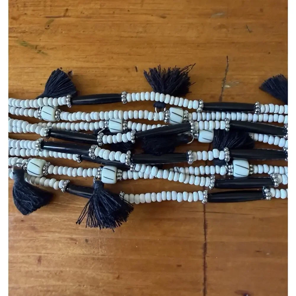 Boho Black White Beaded Bracelet Earrings Matching Set Tassel Statement Jewelry